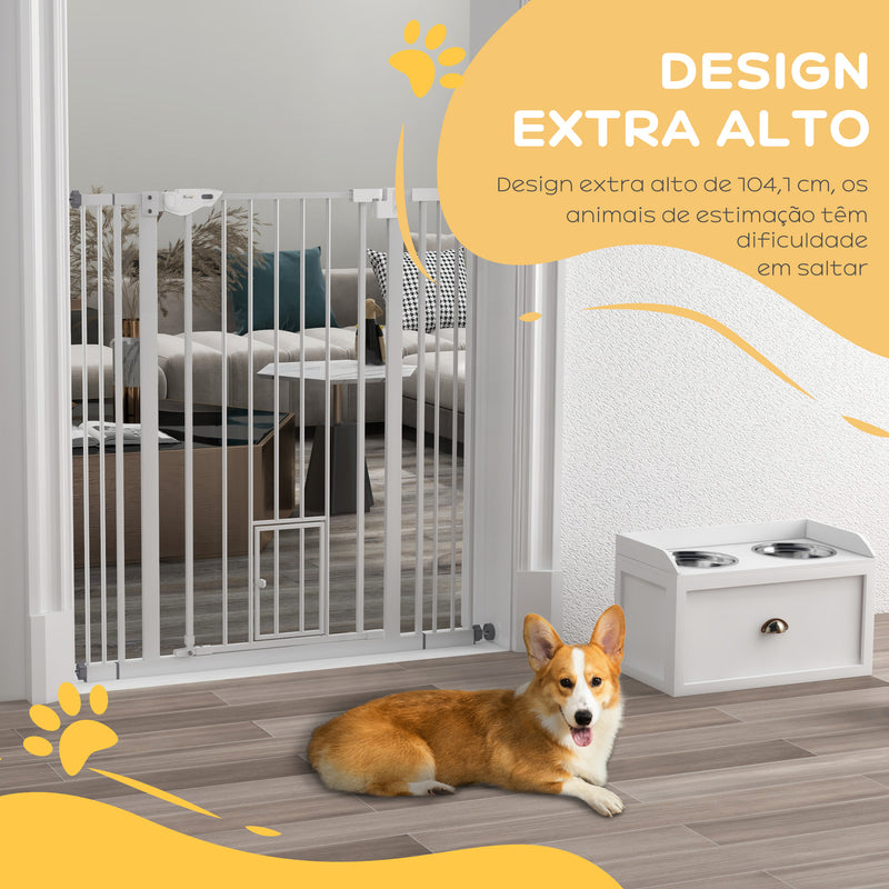 Barreira de Segurança para Cães com Porta Pequena Barreira para Animais de Estimação Extensível com Fechamento Automático e Sistema Duplo de Bloqueio 74-101x104,1 cm Branco