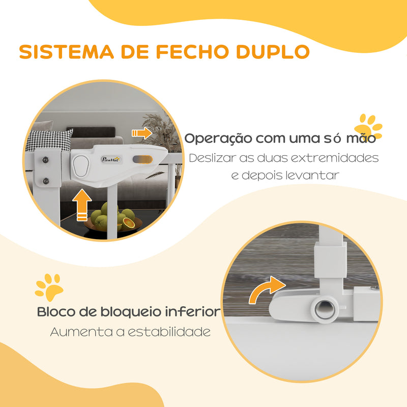 Barreira de Segurança para Cães com Porta Pequena Barreira para Animais de Estimação Extensível com Fechamento Automático e Sistema Duplo de Bloqueio 74-101x104,1 cm Branco