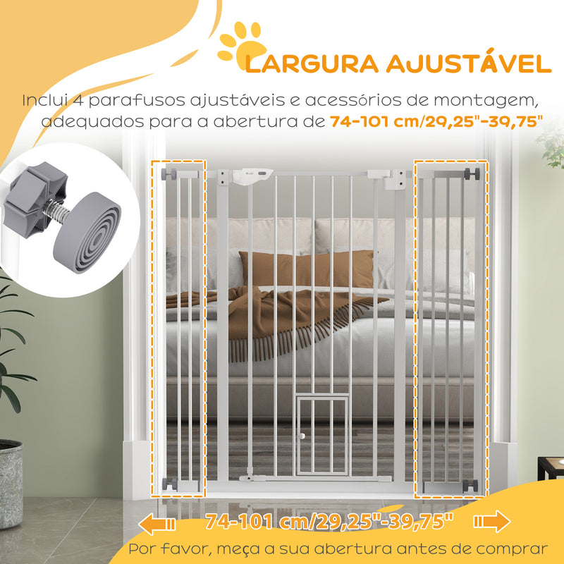 Barreira de Segurança para Cães com Porta Pequena Barreira para Animais de Estimação Extensível com Fechamento Automático e Sistema Duplo de Bloqueio 74-101x104,1 cm Branco