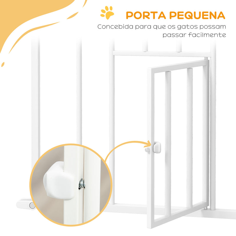 Barreira de Segurança para Cães com Porta Pequena Barreira para Animais de Estimação Extensível com Fechamento Automático e Sistema Duplo de Bloqueio 74-101x104,1 cm Branco