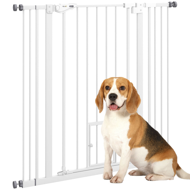 Barreira de Segurança para Cães com Porta Pequena Barreira para Animais de Estimação Extensível com Fechamento Automático e Sistema Duplo de Bloqueio 74-101x104,1 cm Branco