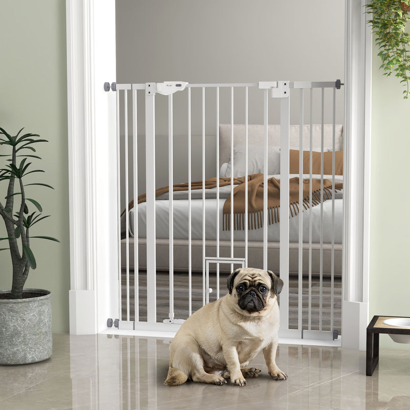 Barreira de Segurança para Cães com Porta Pequena Barreira para Animais de Estimação Extensível com Fechamento Automático e Sistema Duplo de Bloqueio 74-101x104,1 cm Branco