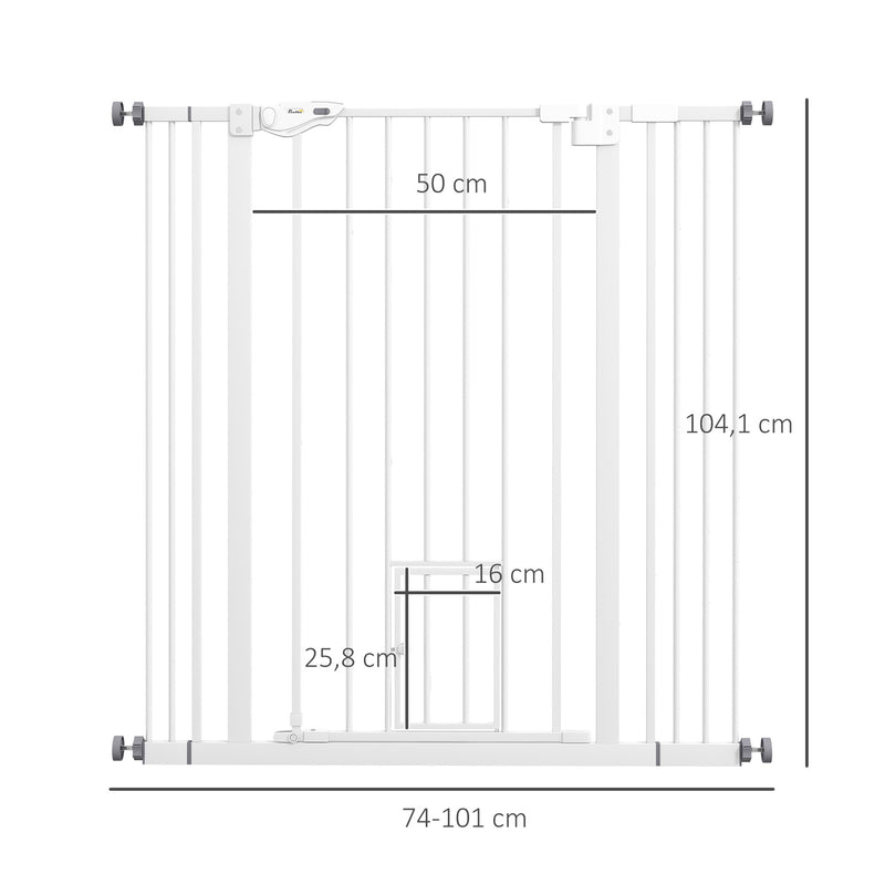 Barreira de Segurança para Cães com Porta Pequena Barreira para Animais de Estimação Extensível com Fechamento Automático e Sistema Duplo de Bloqueio 74-101x104,1 cm Branco