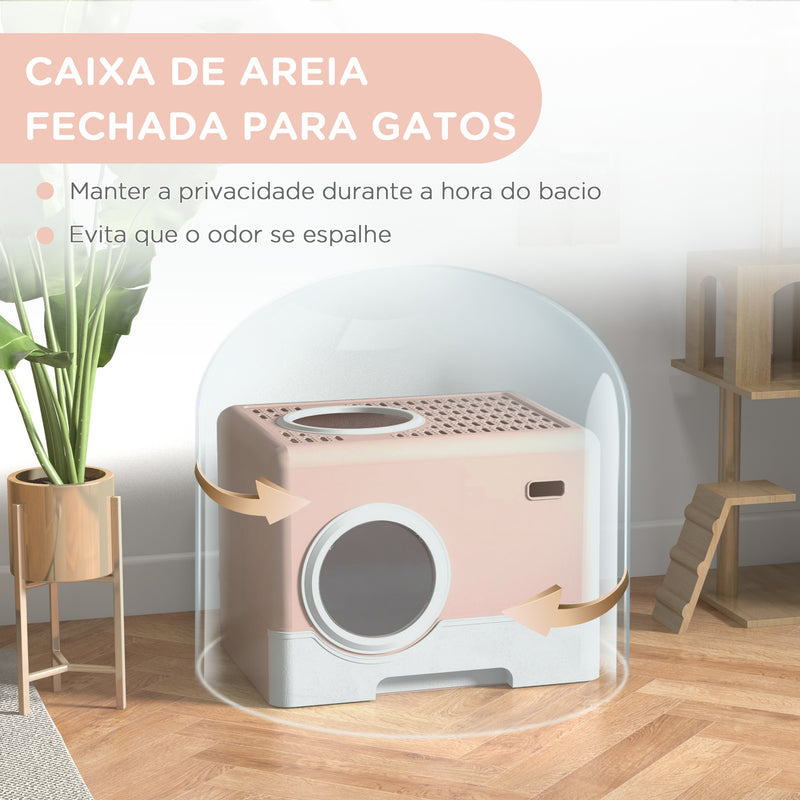 Caixa de Areia para Gatos Sanita para Animais de Estimação com Pá Bandeja Removível 2 Portas Entrada Frontal e Saída Superior 52x41x38,5 cm Rosa