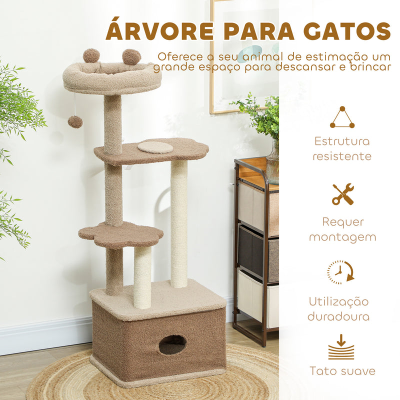 Arranhador para Gatos Altura 133 cm Arranhador para Gatos com Cama Caverna Plataformas Bola Suspensa e Poste de Juta 48x40x133 cm Marrom