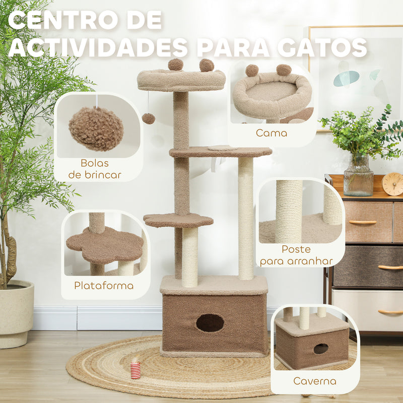 Arranhador para Gatos Altura 133 cm Arranhador para Gatos com Cama Caverna Plataformas Bola Suspensa e Poste de Juta 48x40x133 cm Marrom