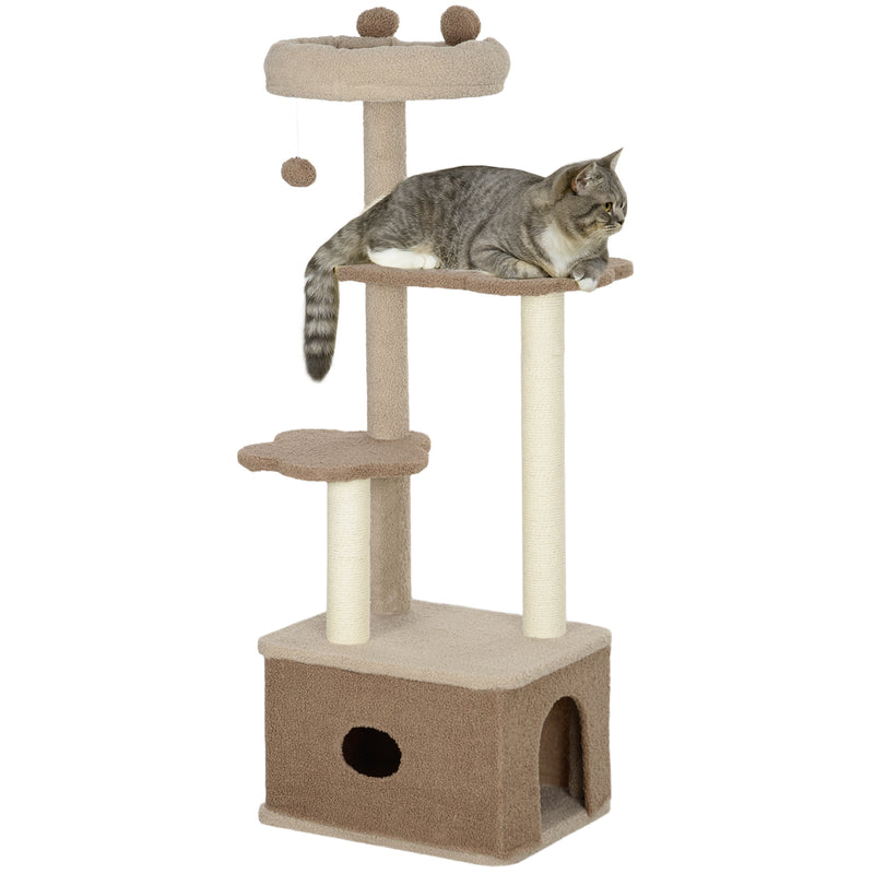 Arranhador para Gatos Altura 133 cm Arranhador para Gatos com Cama Caverna Plataformas Bola Suspensa e Poste de Juta 48x40x133 cm Marrom