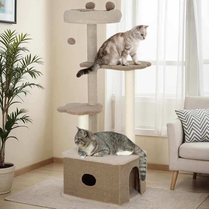 Arranhador para Gatos Altura 133 cm Arranhador para Gatos com Cama Caverna Plataformas Bola Suspensa e Poste de Juta 48x40x133 cm Marrom