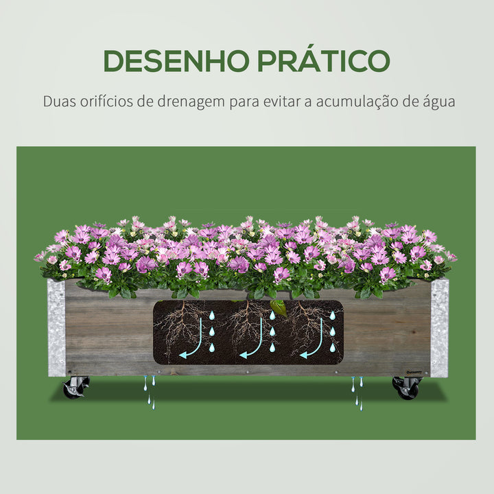 Floreira Exterior Grande com Rodas Floreira de Madeira com Tecido não Tecido Floreira com Sistema de Drenagem para Cultivo de Flores Plantas em Varanda Pátio 96x30,6x30 cm Madeira Acinzentada