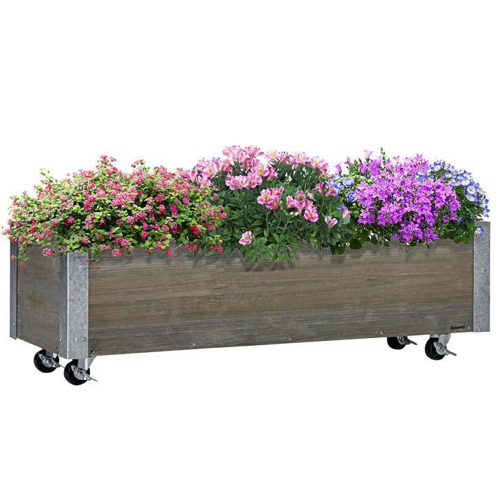 Floreira Exterior Grande com Rodas Floreira de Madeira com Tecido não Tecido Floreira com Sistema de Drenagem para Cultivo de Flores Plantas em Varanda Pátio 96x30,6x30 cm Madeira Acinzentada