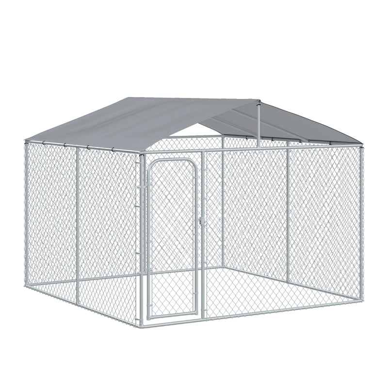 Canil de Exterior com Toldo Gaiola para Animais de Estimação com 1 Porta e Estrutura de Aço para Jardim Pátio 300x300x234 cm Prata