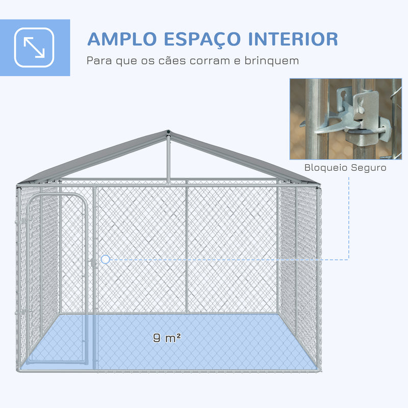 Canil de Exterior com Toldo Gaiola para Animais de Estimação com 1 Porta e Estrutura de Aço para Jardim Pátio 300x300x234 cm Prata