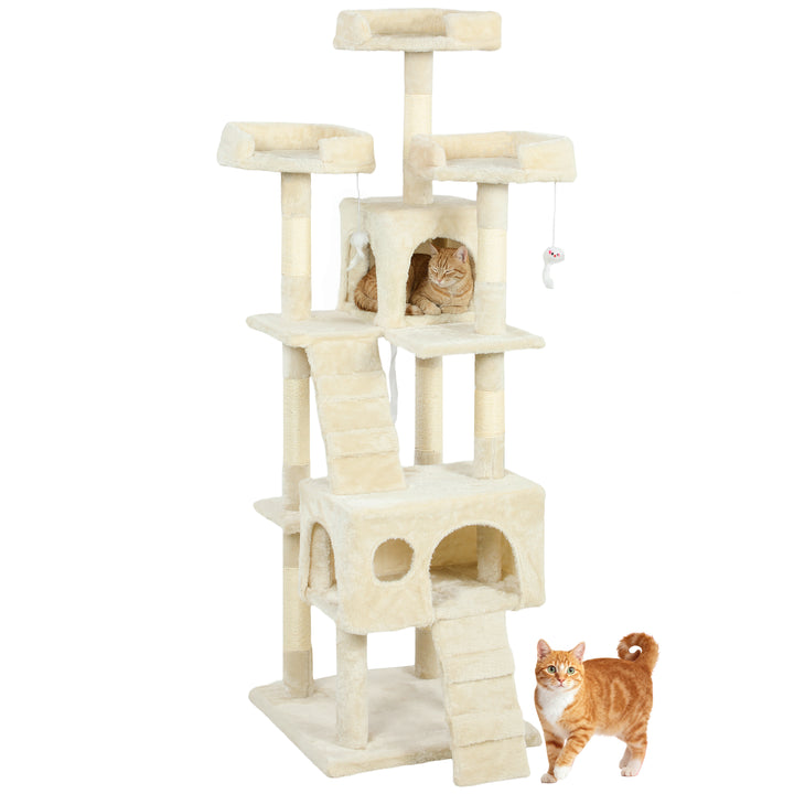Arranhador para Gatos Arranhador de Gatos 153 cm com 2 Cavernas 3 Camas 2 Rampas Postes de Sisal e 2 Ratos Pendentes Bege