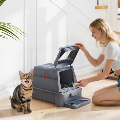 Caixa de Areia para Gatos de Aço Inoxidável XL com Tampa Articulada 180° Laterais Altas Pedal Pá Sem Odores Fácil de Limpar,Antiderrapante 63x43x43 cm Cinzento Escuro