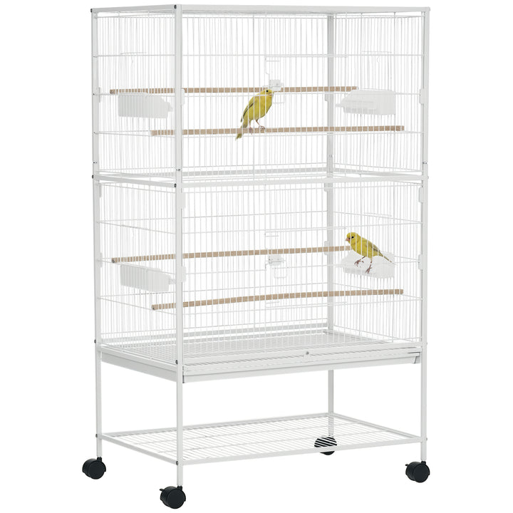 Gaiola para Pássaros com Rodas 78x52x132cm Gaiola para Pássaros Metálica com Bandeja Amovível 4 Portas 4 Comedouros 4 Poleiros e Prateleira de Armazenamento para Canários Periquitos Branco