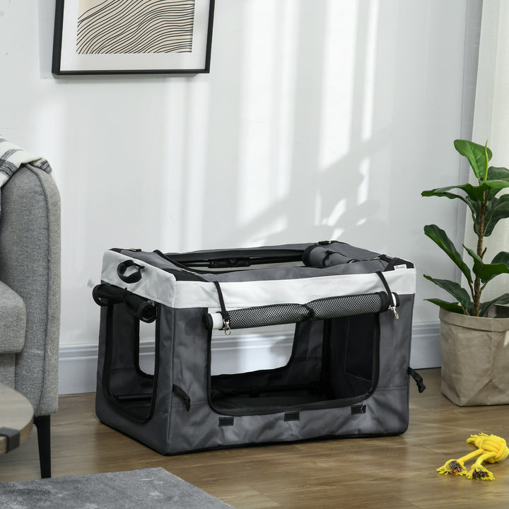 Carrinho para Animais de Estimação Carrinho para Cães Dobrável com Compartimento Desmontável 4 Portas com Fecho de Correr 2 Correias de Segurança e de Transporte 81x58x97,5 cm Cinza