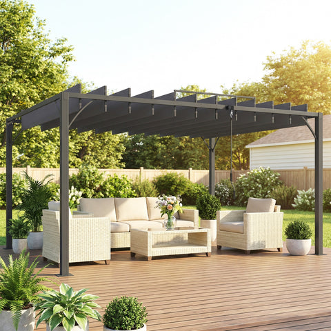 Pérgola 390x295x213 cm para Jardim com Desenho de Lâminas Superiores Giratórias até 135° Proteção UV 50+ e Estrutura de Aço para Pátio Terraço Varanda Cinza