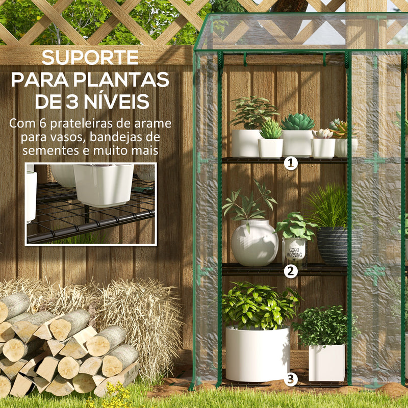 Estufa de Jardim de 3 Níveis Estufa de Terraço com Prateleiras Teto Inclinado e 2 Portas com Fecho de Correr para Cultivo de Plantas em Pátio 143x46x141/151 cm Transparente