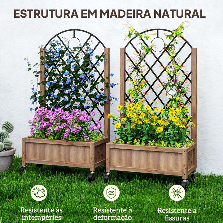 Conjunto de 2 Jardineiras de Exterior Jardineiras com Treliça Metálica para Plantas Trepadeiras Vasos com Rodas para Jardim Pátio 52x25x97 cm Madeira
