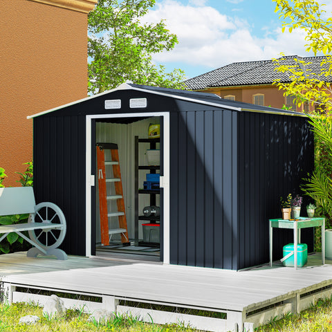 Abrigo de Jardim Exterior Abrigo e Jardim Metálico para Armazenamento de Ferramentas com Base Incluída e 4 Janelas 277x195x192cm Cinza Escuro