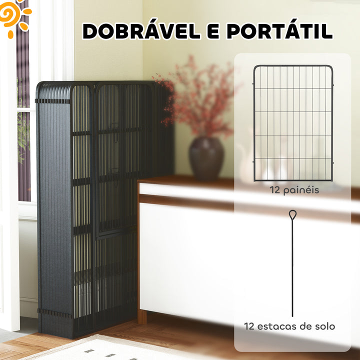 Parque para Cães de 12 Painéis 68x100 cm Parque Dobrável para Cães Médios com Portas Fecho e Estacas para Interior e Exterior Preto
