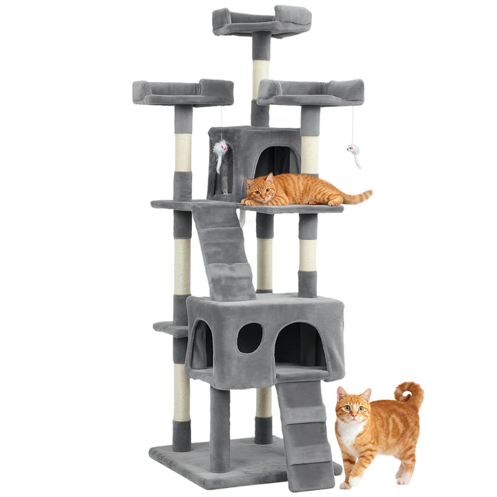 Arranhador para Gatos Arranhador de Gatos 153 cm com 2 Cavernas 3 Camas 2 Rampas Postes de Sisal e 2 Ratos Pendentes Cinzento