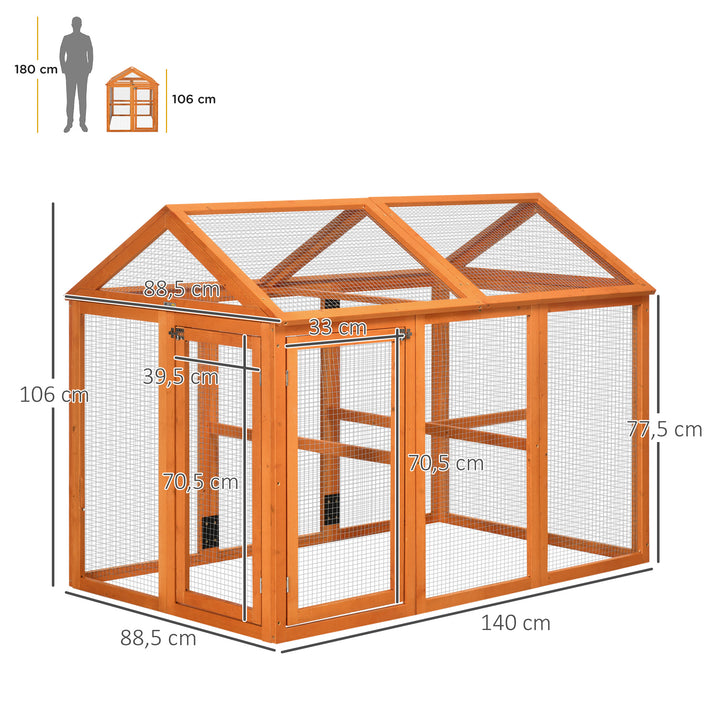 Galinheiro para Exterior 140x88,5x106 cm Galinheiro para 1-3 Galinhas com 3 Poleiros Estrutura de Madeira e 2 Portas com Fechadura para Pátio Madeira