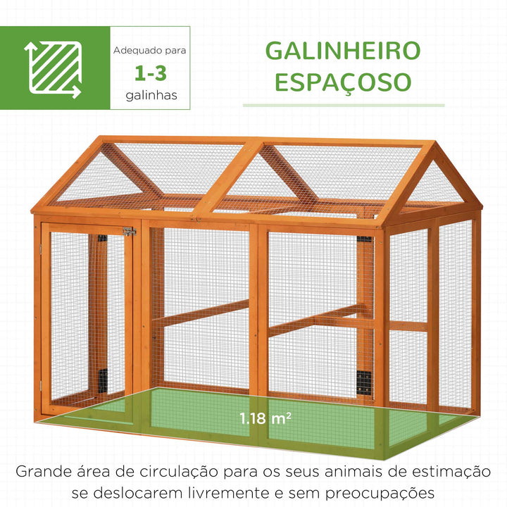 Galinheiro para Exterior 140x88,5x106 cm Galinheiro para 1-3 Galinhas com 3 Poleiros Estrutura de Madeira e 2 Portas com Fechadura para Pátio Madeira