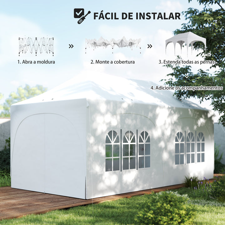 Tenda Dobrável 6x3 m Tenda Pop-up com 6 Laterais Removíveis Altura Ajustável Janelas Bolsa de Transporte UPF30+ Tenda para Campismo Festas Exterior Branco