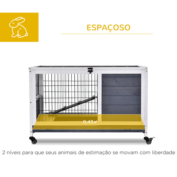 Coelheira de madeira gaiola para pequenos animais de estimação portátil com telhado de abertura rampa de bandeja removível para cobaias 90x53x59 cm cinza e branco