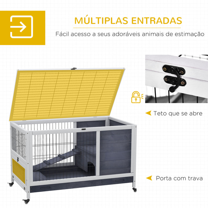 Coelheira de madeira gaiola para pequenos animais de estimação portátil com telhado de abertura rampa de bandeja removível para cobaias 90x53x59 cm cinza e branco