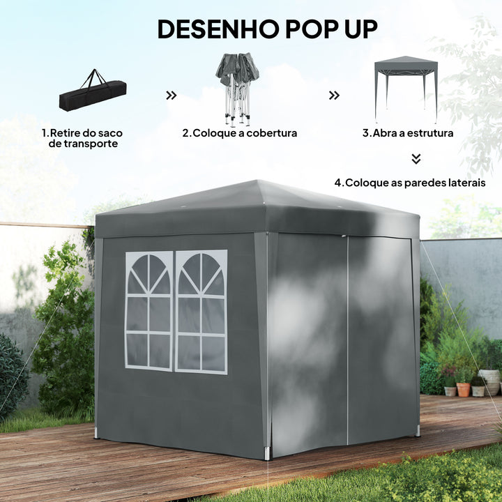 Tenda Dobrável 2x2 m Tenda Pop-up para Jardim com 4 Paredes Laterais 2 Janelas e Saco de Transporte Anti-UV Impermeável Tenda para Festas, Exterior Cinzento