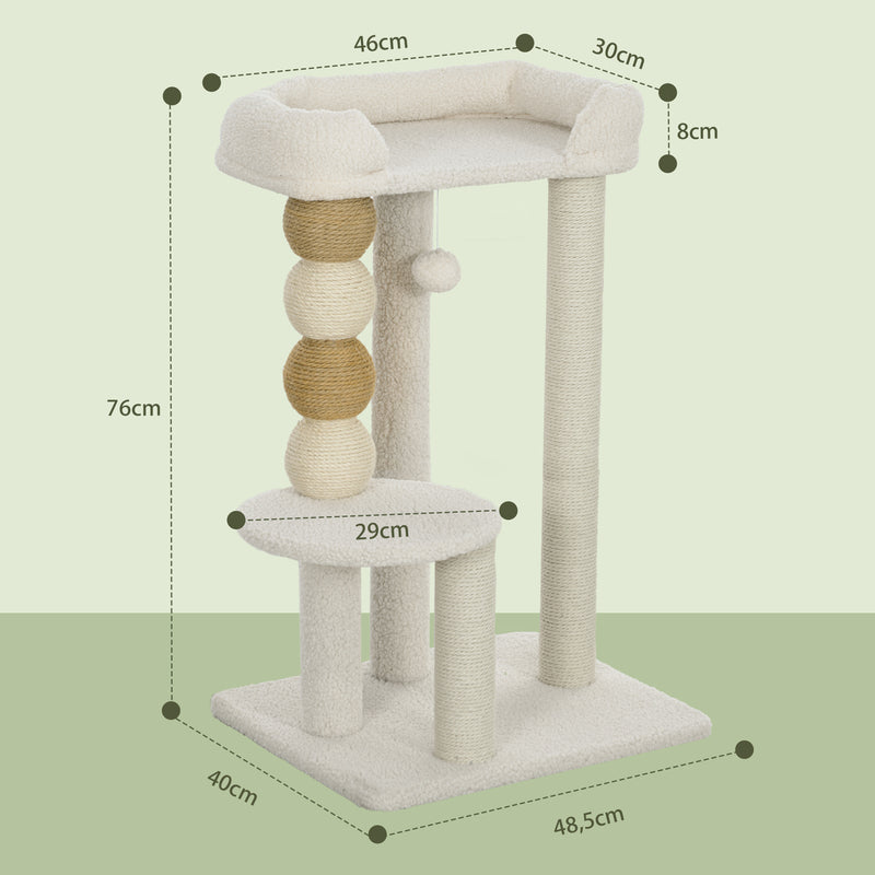 Arranhador para Gatos Altura 76 cm Arranhador para Gatos com Estofado em Borrego Plataformas Bola Suspensa e Poste de Juta Bege