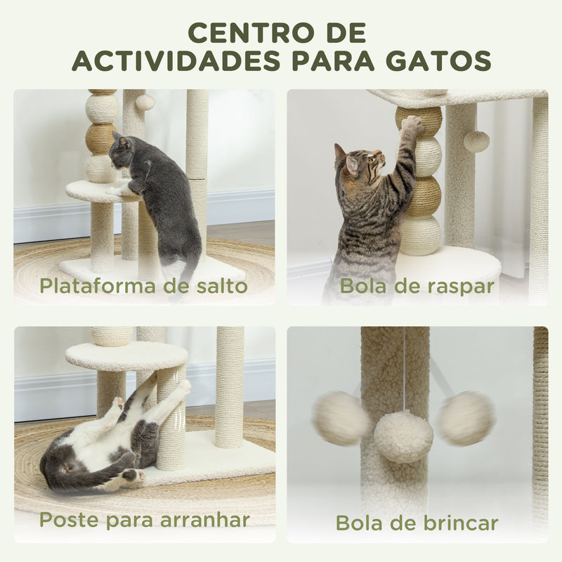 Arranhador para Gatos Altura 76 cm Arranhador para Gatos com Estofado em Borrego Plataformas Bola Suspensa e Poste de Juta Bege