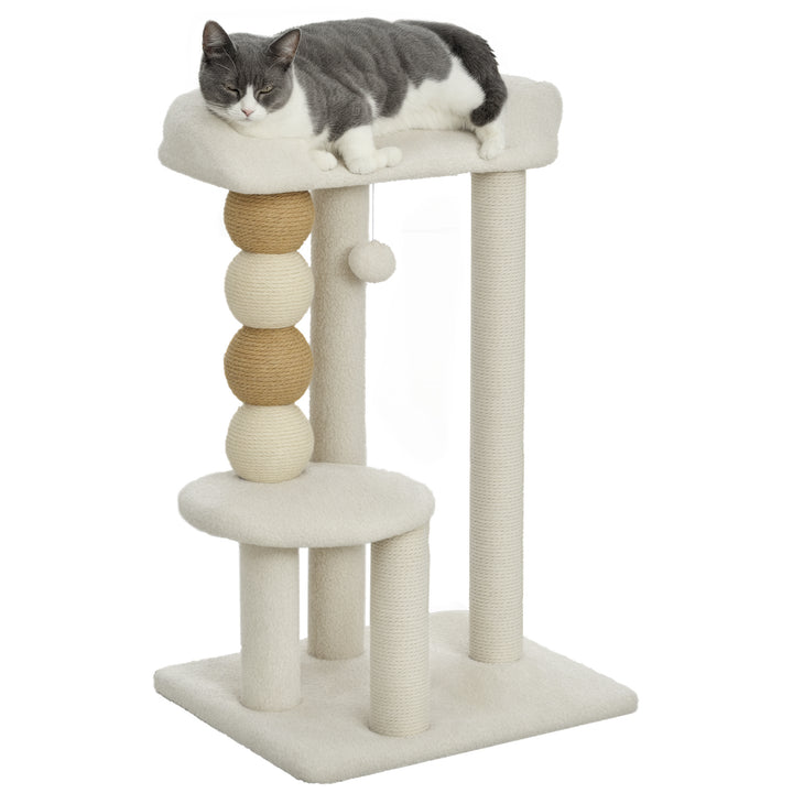Arranhador para Gatos Altura 76 cm Arranhador para Gatos com Estofado em Borrego Plataformas Bola Suspensa e Poste de Juta Bege
