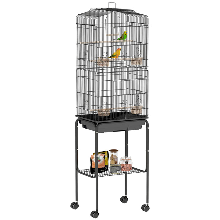 Gaiola para Passáros com Suporte Gaiola Metálica de Aves Canários com 4 Rodas Portas 4 Comedouros 3 Poleiros Bandeja Removível e Prateleira Inferior 46,5x36x157cm Preto