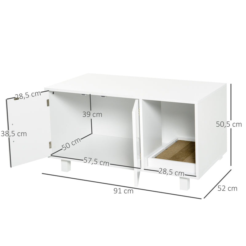 Móvel Caixa de Areia para Gatos com Porta com Arranhador Caixa de Areia para Gatos de Interior 91x52x50,5 cm Branco