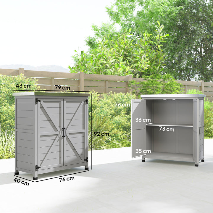 Armário de Exterior em Madeira Armário de Jardim com Tampo de Aço Galvanizado Prateleira 2 Portas Abrigo de Jardim para Armazenamento de Ferramentas 79x43x92 cm Cinza