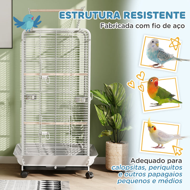 Gaiola para Pássaros Gaiola para Papagaios com Rodas Poleiros Comedouro e Bandeja Amovível Gaiola para Catatuas 79x73x146 cm Cinza Claro
