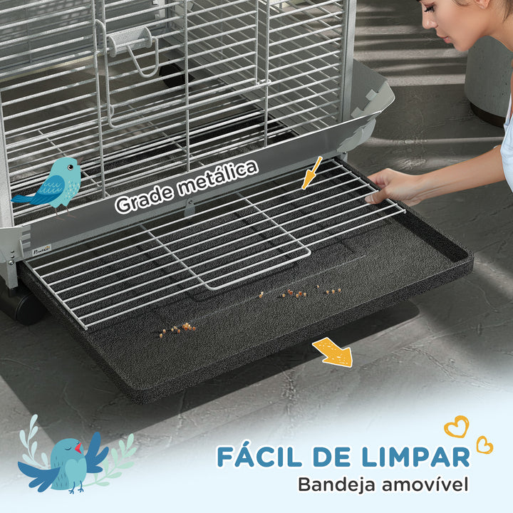 Gaiola para Pássaros Gaiola para Papagaios com Rodas Poleiros Comedouro e Bandeja Amovível Gaiola para Catatuas 79x73x146 cm Cinza Claro