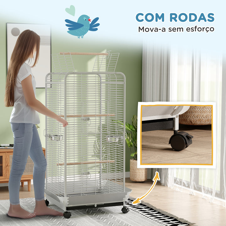 Gaiola para Pássaros Gaiola para Papagaios com Rodas Poleiros Comedouro e Bandeja Amovível Gaiola para Catatuas 79x73x146 cm Cinza Claro