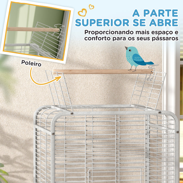 Gaiola para Pássaros Gaiola para Papagaios com Rodas Poleiros Comedouro e Bandeja Amovível Gaiola para Catatuas 79x73x146 cm Cinza Claro