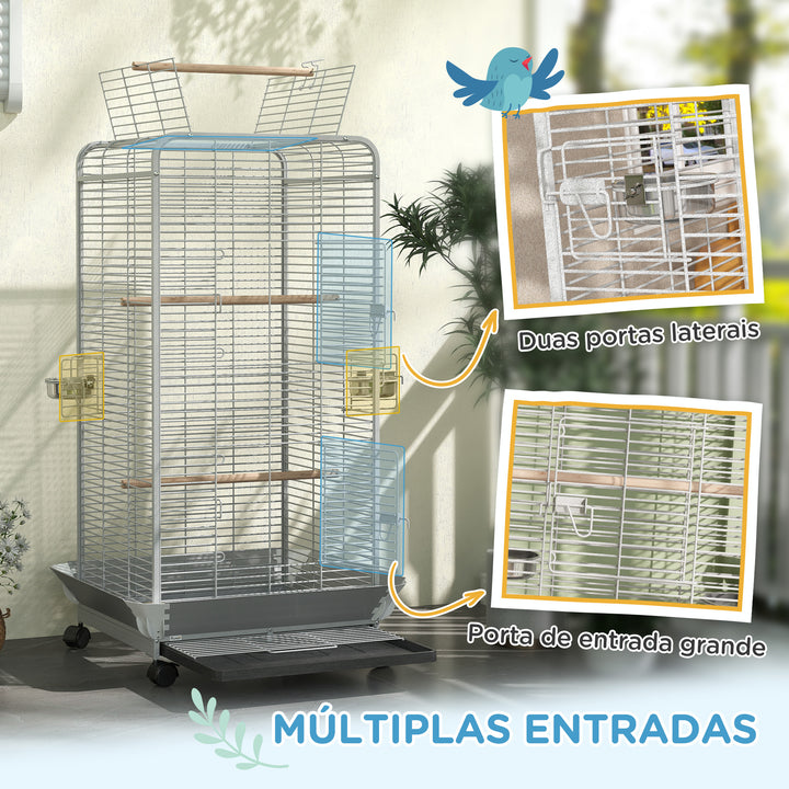 Gaiola para Pássaros Gaiola para Papagaios com Rodas Poleiros Comedouro e Bandeja Amovível Gaiola para Catatuas 79x73x146 cm Cinza Claro