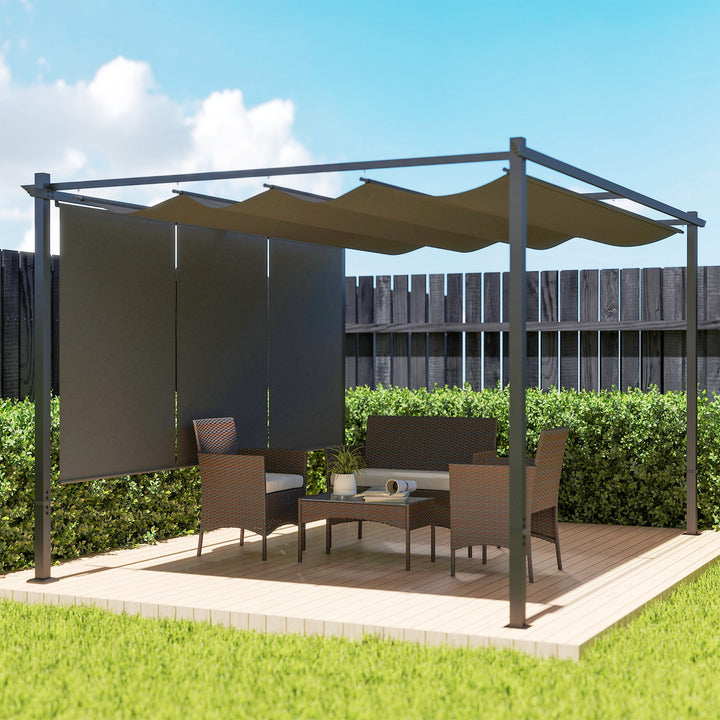 Pérgola com Teto Retrátil Pérgola de 390x293x220 cm Pérgola de Parede ou Independente com Lados Enroláveis Proteção UV30+ Pérgola para Jardim Patio Exterior Cinzento