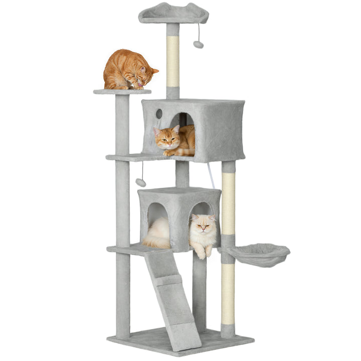 Arranhador para Gatos 180 cm Torre de Escalada com Múltiplas Plataformas Cama 2 Cavernas Rede Escada Postes de Sisal Bolas para Brincar Cinza