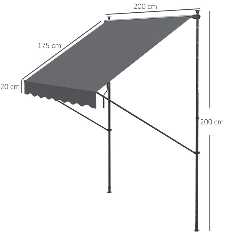 Toldo Manual Retrátil 200x170x200-290cm Toldo Ajustável com Manivela Proteção Solar UV40+ para Varanda Jardim Cinza