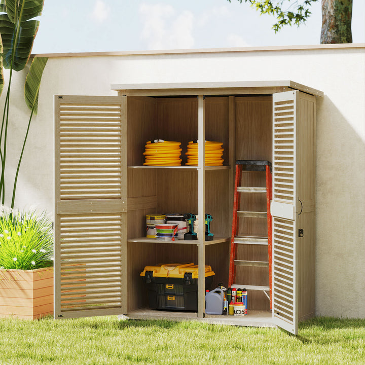 Armário de Jardim de Madeira 0,83 m² 127x65x168 cm Armário Exterior de Madeira com 2 Portas de Persiana 2 Prateleiras 2 Alças e Telhado Impermeável Natural