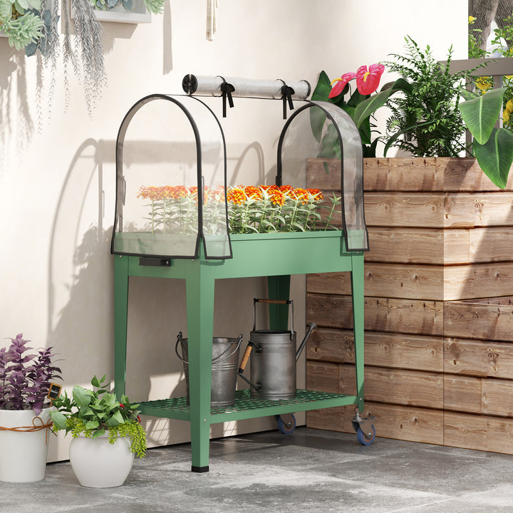 Mesa de Cultivo com Rodas 80x40x120 cm Horta Urbana Elevada com Cobertura de Estufa e Prateleira Inferior para Cultivar Plantas Flores e Vegetais Verde