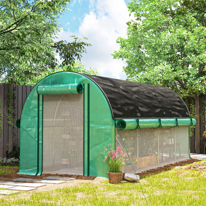 Estufa Tipo Túnel 447x200x198 cm Estufa de Exterior com Paredes Laterais Enroláveis Cobertura Extra 8 Janelas de Malha e 2 Portas Enroláveis Estufa de Jardim Pátio Verde