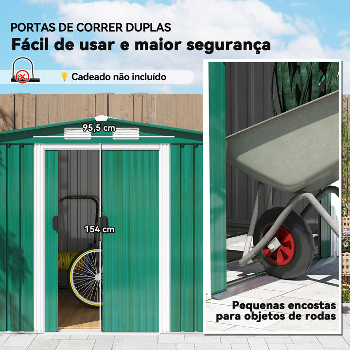 Barracão Metálico Placa Verde para armazenar ferramentas com grande espaço 246x192,5x177,5 cm